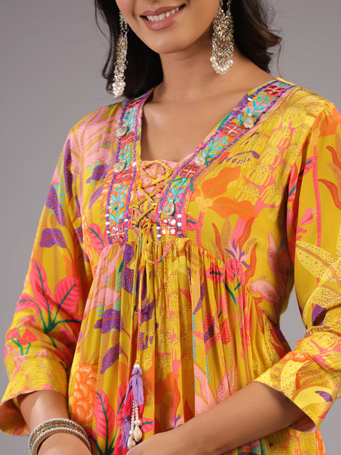 Yellow Botanical Print Shell Work Kurti Set