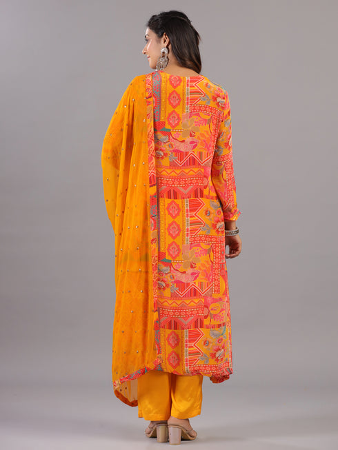 Mustard Geometrical Pattern Mirror Work Kurti Set