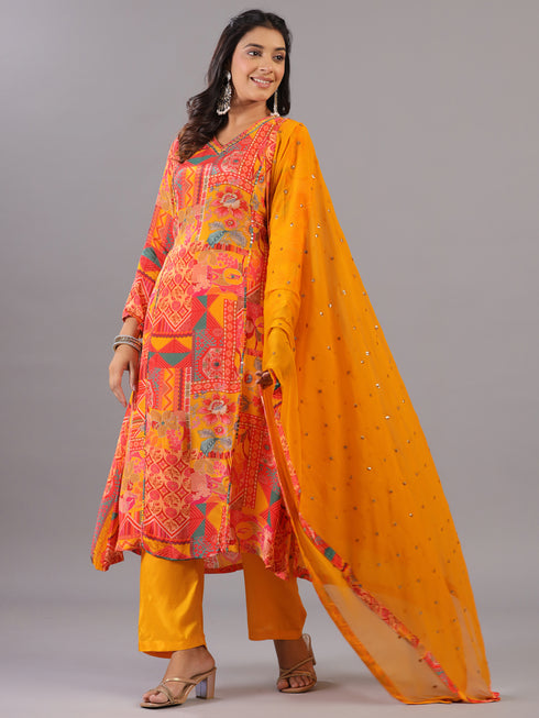 Mustard Geometrical Pattern Mirror Work Kurti Set