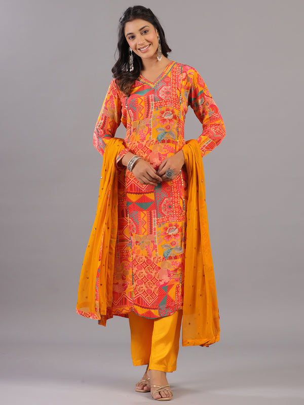 Mustard Geometrical Pattern Mirror Work Kurti Set