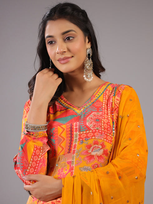 Mustard Geometrical Pattern Mirror Work Kurti Set