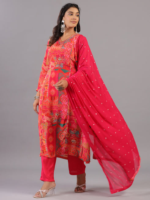 Pink Geometrical Pattern Mirror Work Kurti Set