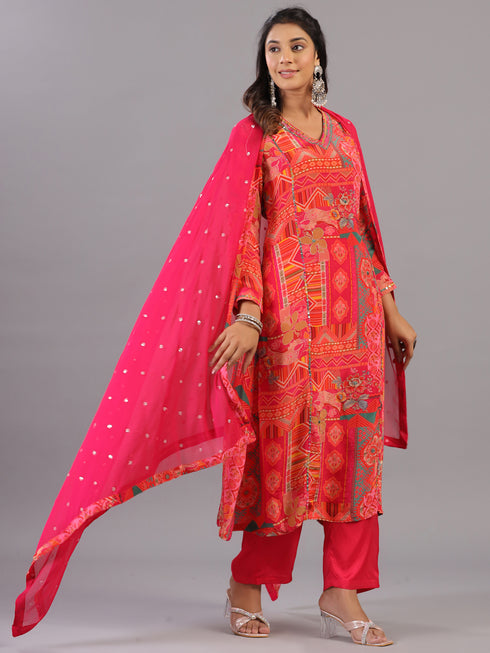 Pink Geometrical Pattern Mirror Work Kurti Set