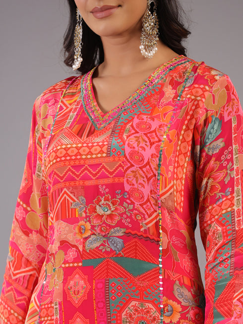 Pink Geometrical Pattern Mirror Work Kurti Set