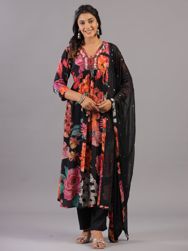 Black Digital Print Shell Work Kurti Set