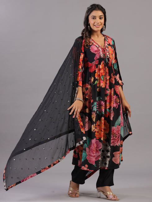 Black Digital Print Shell Work Kurti Set