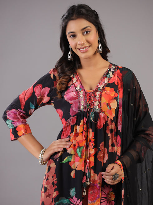 Black Digital Print Shell Work Kurti Set
