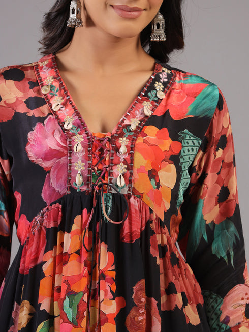 Black Digital Print Shell Work Kurti Set