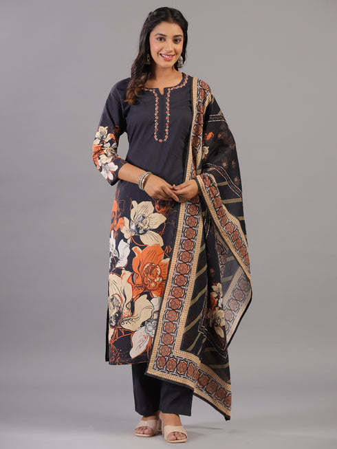 Black Digital Print Mirror Work Kurti Set