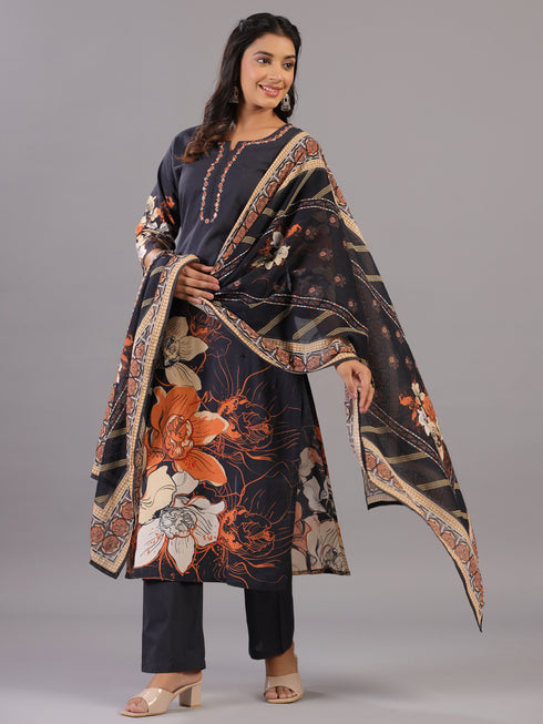 Black Digital Print Mirror Work Kurti Set