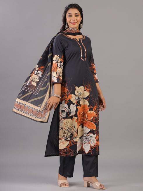 Black Digital Print Mirror Work Kurti Set