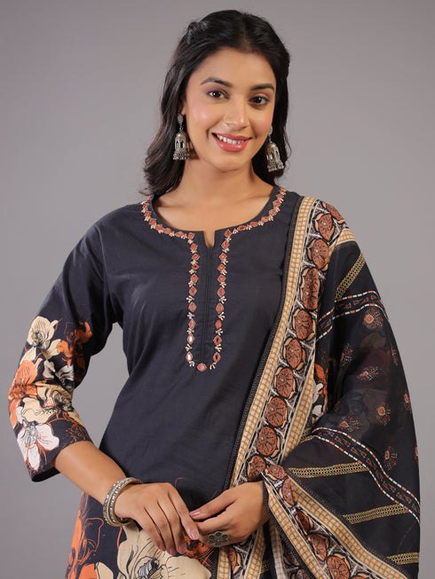 Black Digital Print Mirror Work Kurti Set