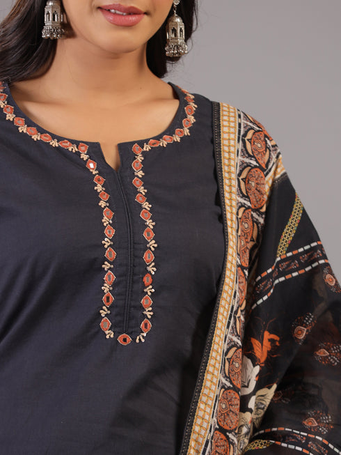 Black Digital Print Mirror Work Kurti Set