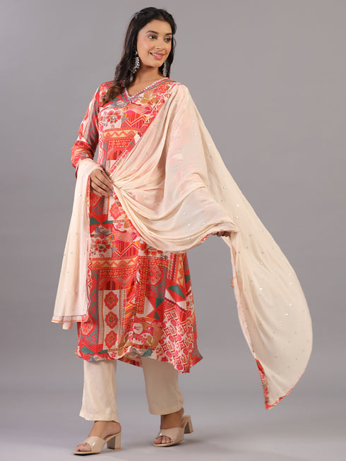 Off White Geometrical Pattern Mirror Work Kurti Set