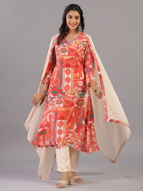 Off White Geometrical Pattern Mirror Work Kurti Set
