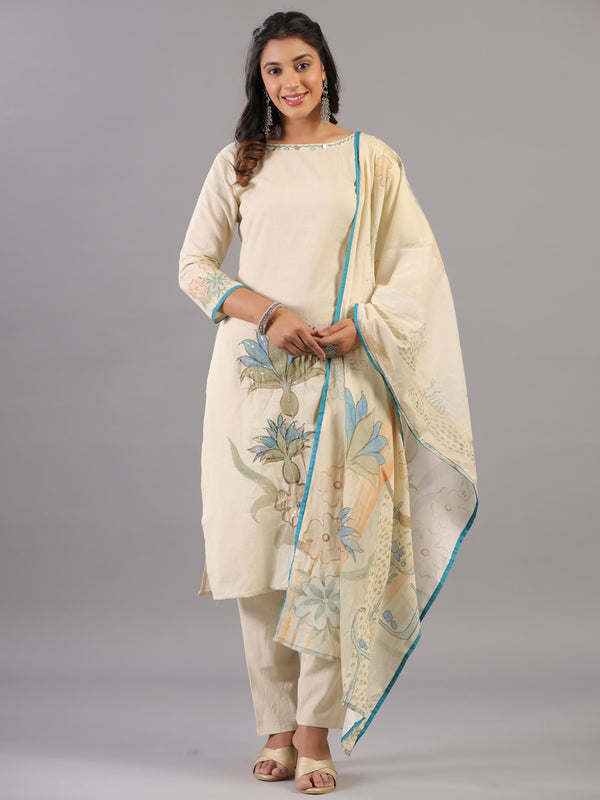 Beige Sequins and Beads Work Kurti Set