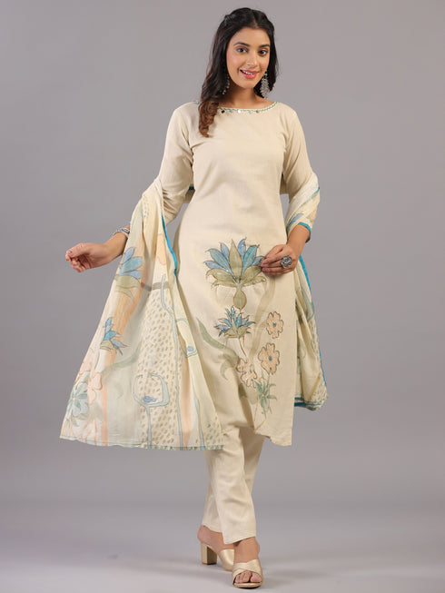 Beige Sequins and Beads Work Kurti Set