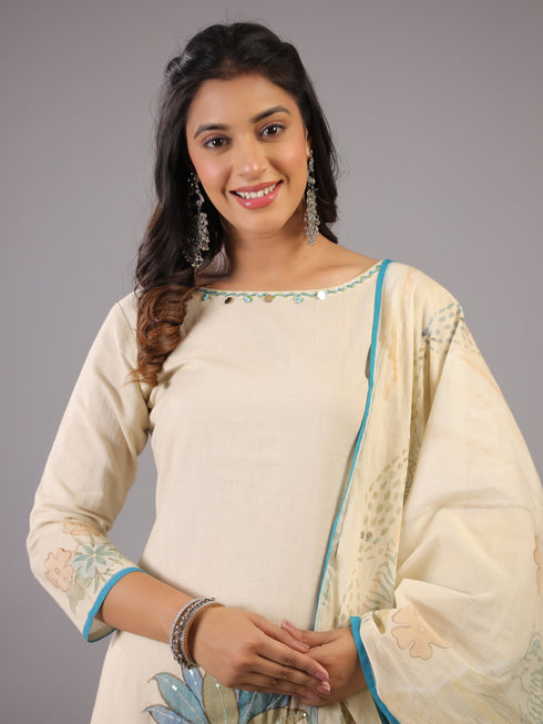 Beige Sequins and Beads Work Kurti Set