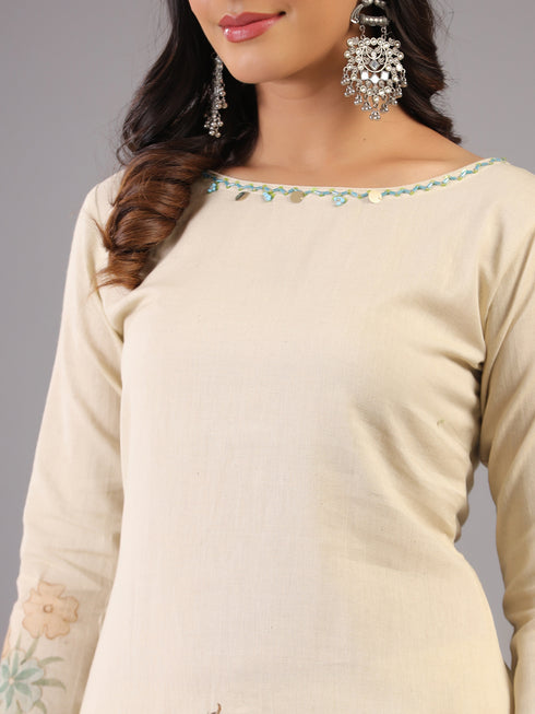 Beige Sequins and Beads Work Kurti Set