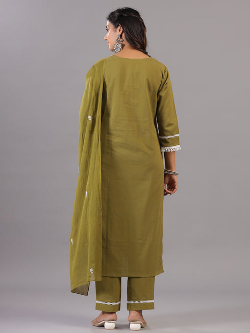 Olive Embroidered Kurti Set