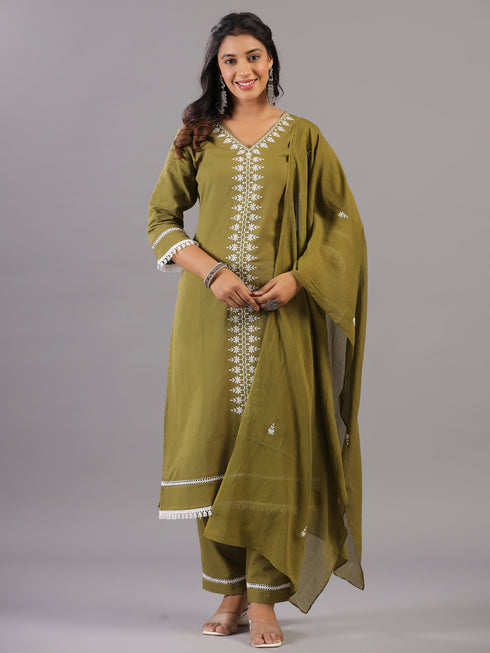 Olive Embroidered Kurti Set