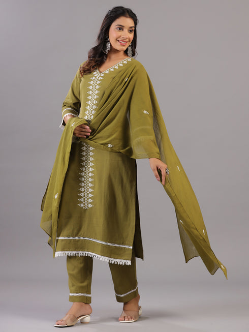 Olive Embroidered Kurti Set