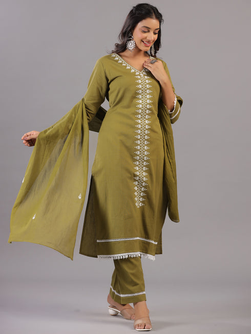 Olive Embroidered Kurti Set