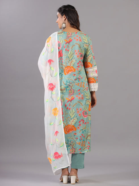 Green Floral Print Lace Work Kurti Set with Organza Dupatta