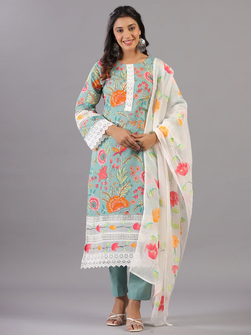 Green Floral Print Lace Work Kurti Set with Organza Dupatta