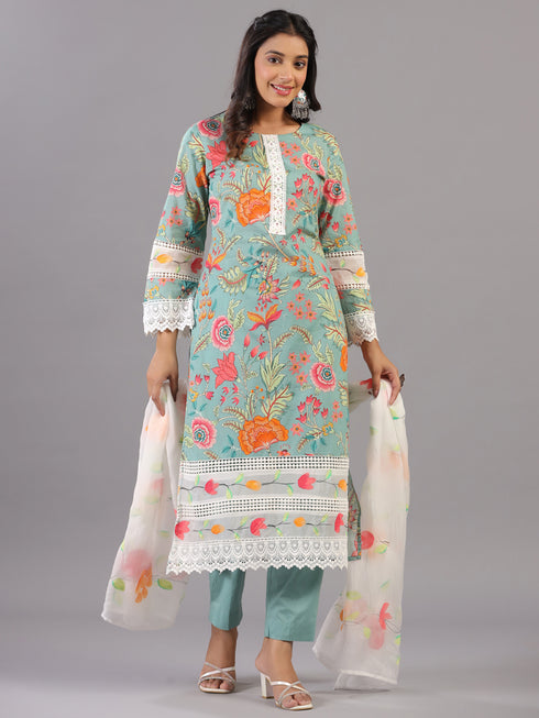 Green Floral Print Lace Work Kurti Set with Organza Dupatta