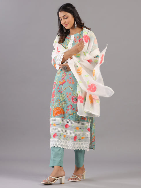 Green Floral Print Lace Work Kurti Set with Organza Dupatta