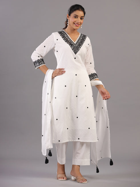 White Mirror Work Kurti Set