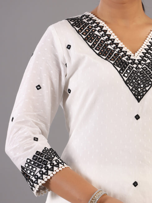 White Mirror Work Kurti Set