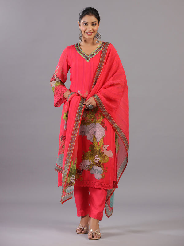 Magenta Botanical Print Kurti Set