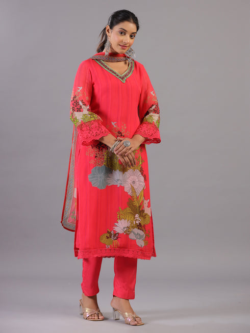 Magenta Botanical Print Kurti Set