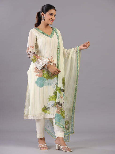 Cream Botanical Print Kurti Set
