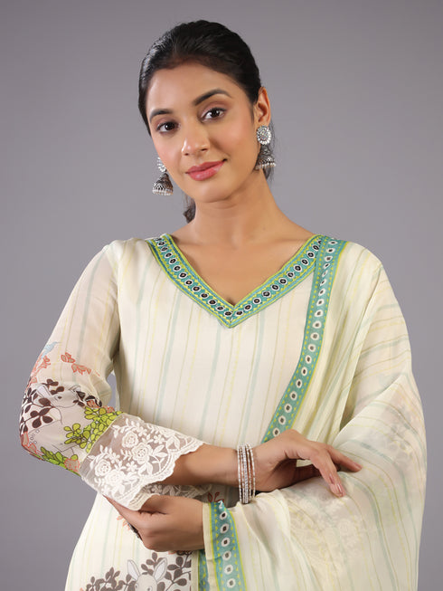 Cream Botanical Print Kurti Set