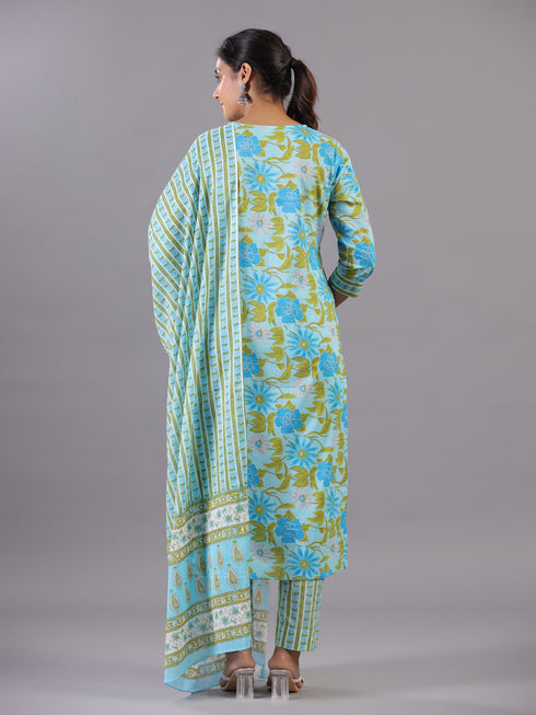 Light Blue Botanical Print Kurti Set