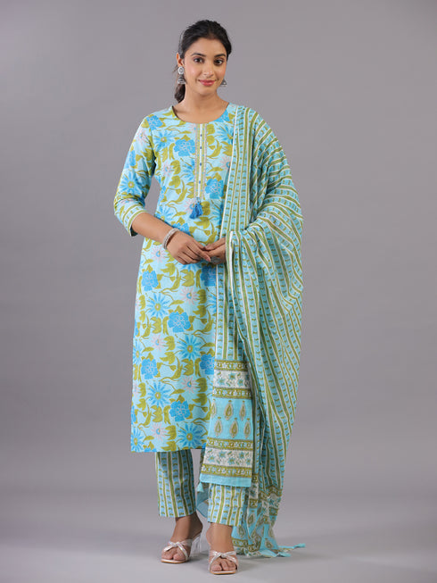 Light Blue Botanical Print Kurti Set