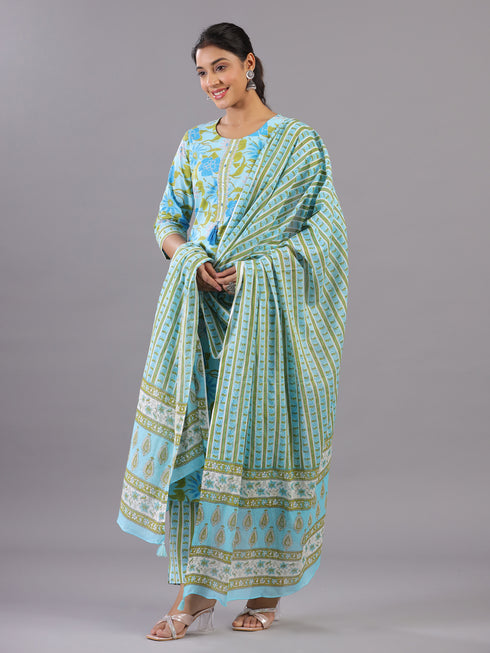 Light Blue Botanical Print Kurti Set