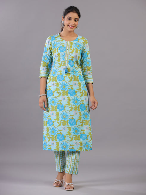 Light Blue Botanical Print Kurti Set