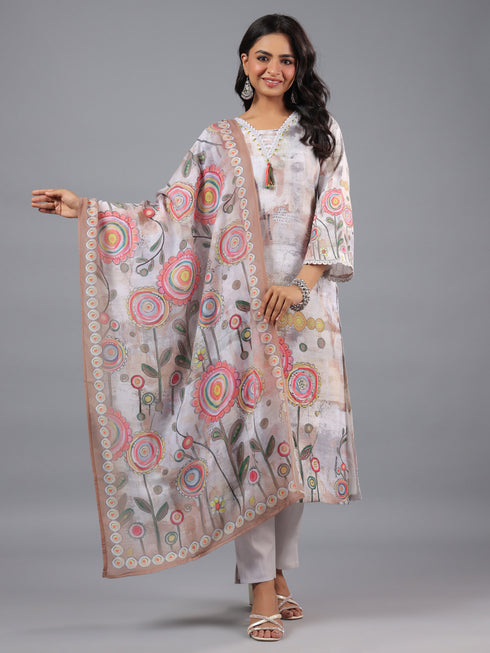 Grey Printed Kurti set With Lace Details