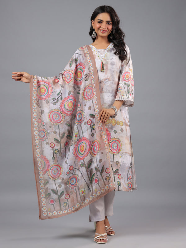 Grey Printed Kurti set With Lace Details