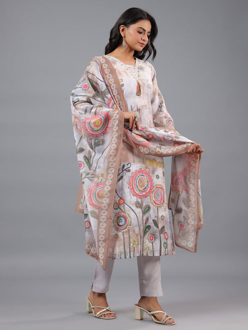 Grey Printed Kurti set With Lace Details
