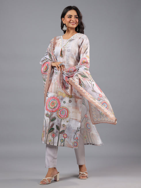 Grey Printed Kurti set With Lace Details