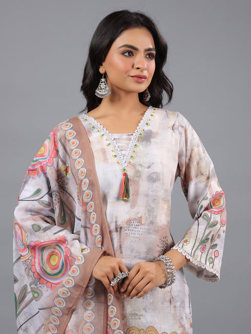 Grey Printed Kurti set With Lace Details