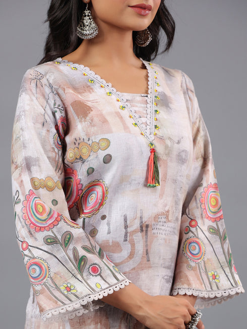 Grey Printed Kurti set With Lace Details