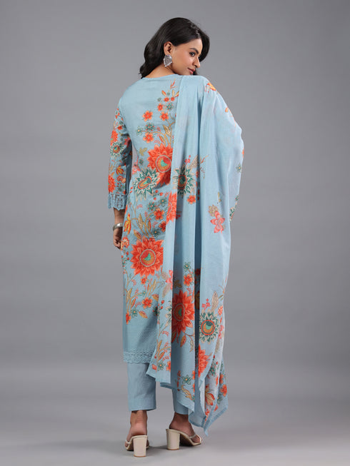 Grey Printed Mirror Work Kurti Set