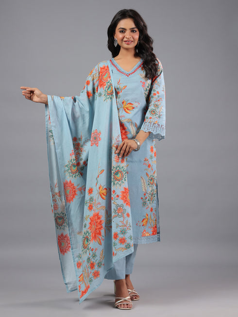 Grey Printed Mirror Work Kurti Set