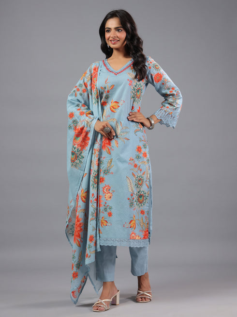 Grey Printed Mirror Work Kurti Set